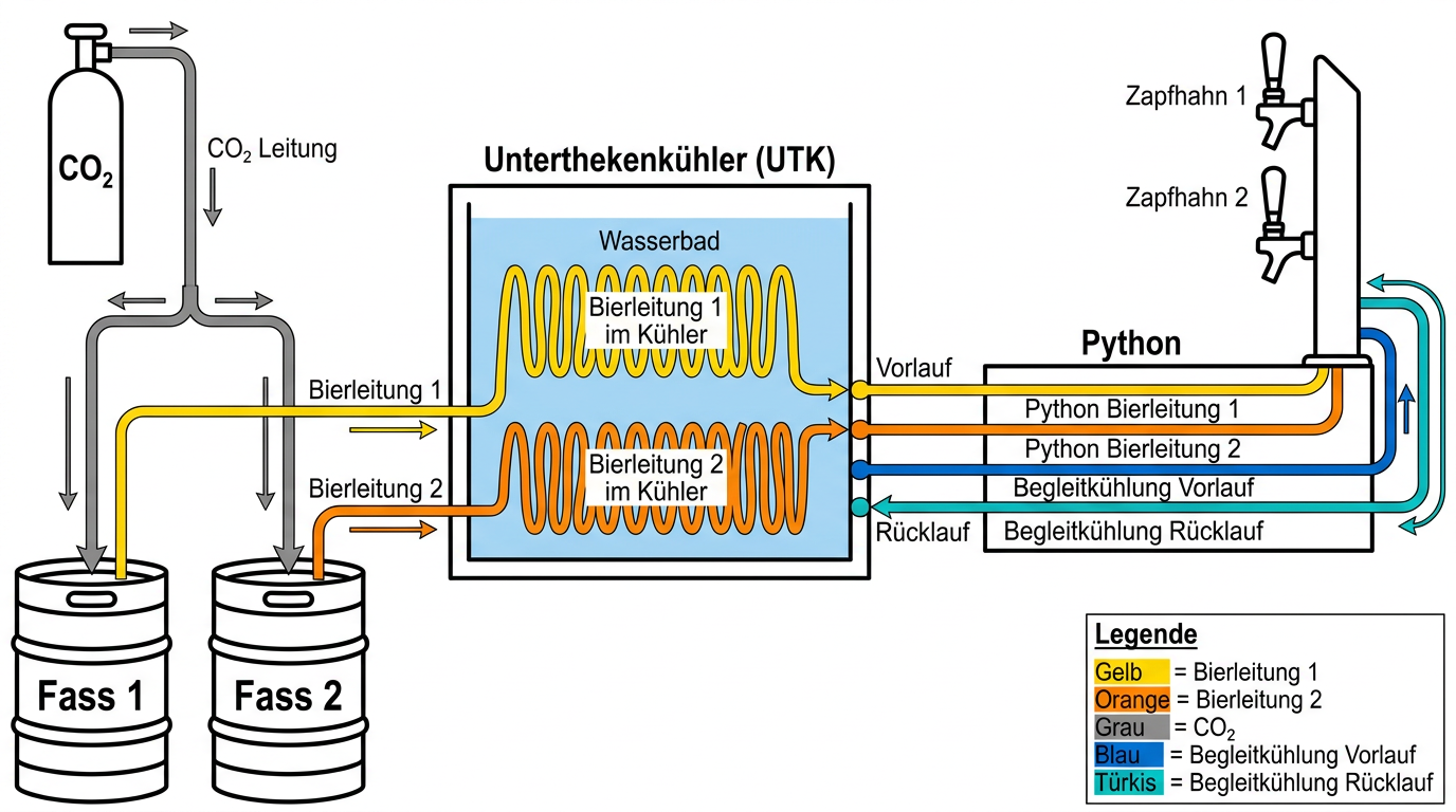 Schema: Durchlaufkühler UTK-Bierkühler mit integrierter Begleitkühlung