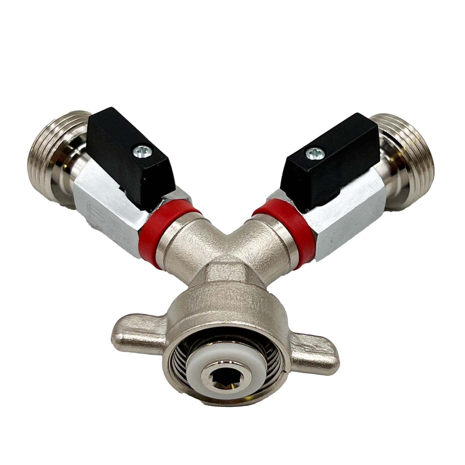Absperrhahn 2-leitig für Druckminderer 3/4" Bier - 1x 3/4" IG mit Flügelmutter und 2x 3/4" AG_2